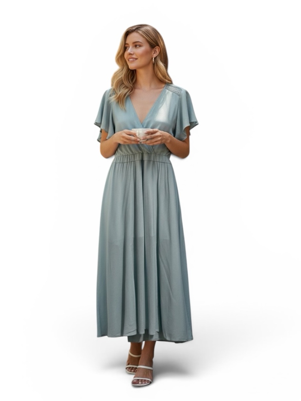 Leith Dusty Sage V-Neck Flutter Sleeve Midi Dress